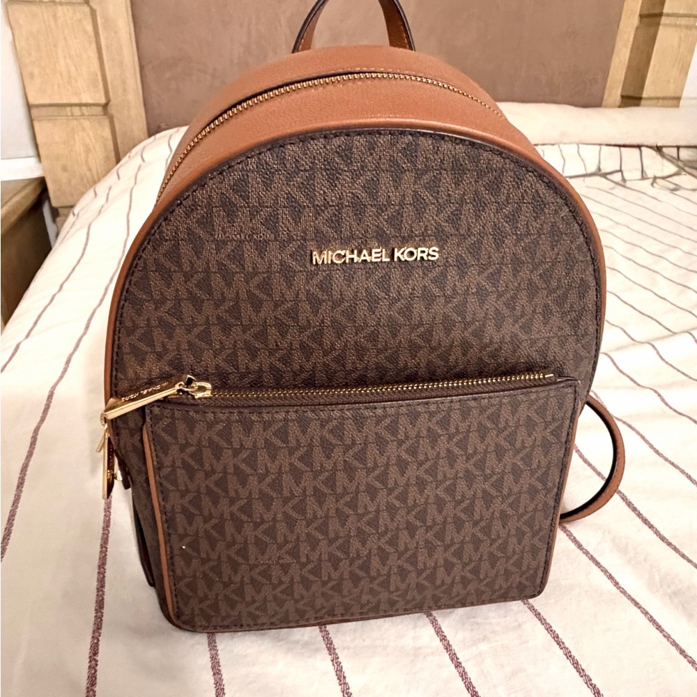 Michael Kors Brown Signature MK Dome Backpack with Gold Zips